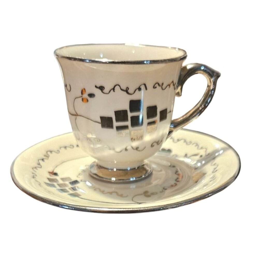 Vintage Demitasse Teacup & Saucer Singed Cumbow Silver Gilded Hand-Painted